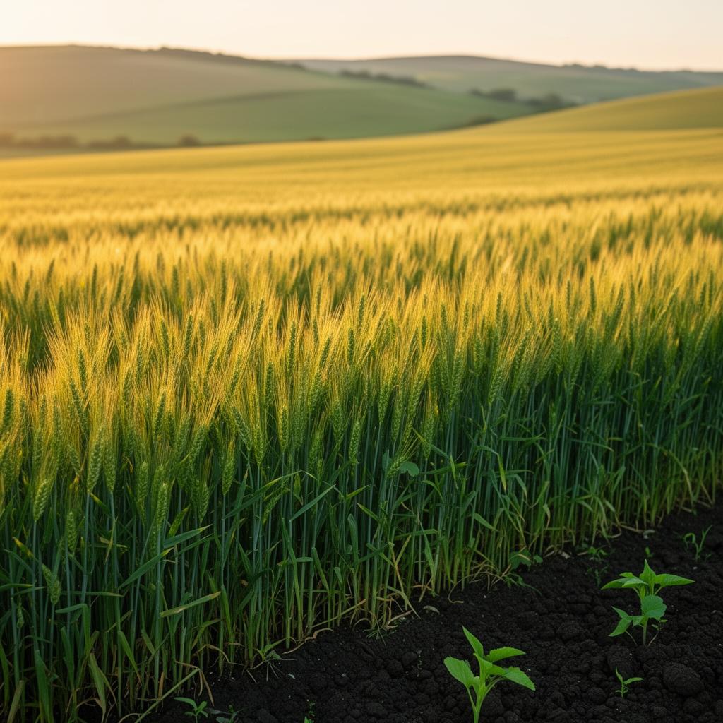 A lush green wheat field at golden hour with healthy crop rows